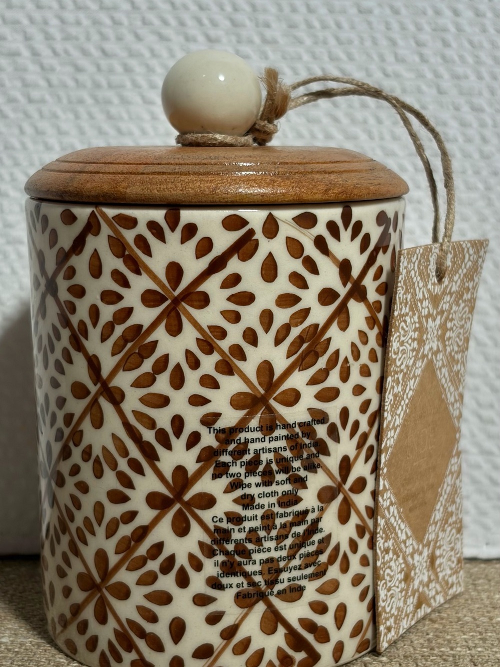 Ceramic Jar with Wooden Lid - Hand-Painted Brown & Cream - Picture 4 of 8